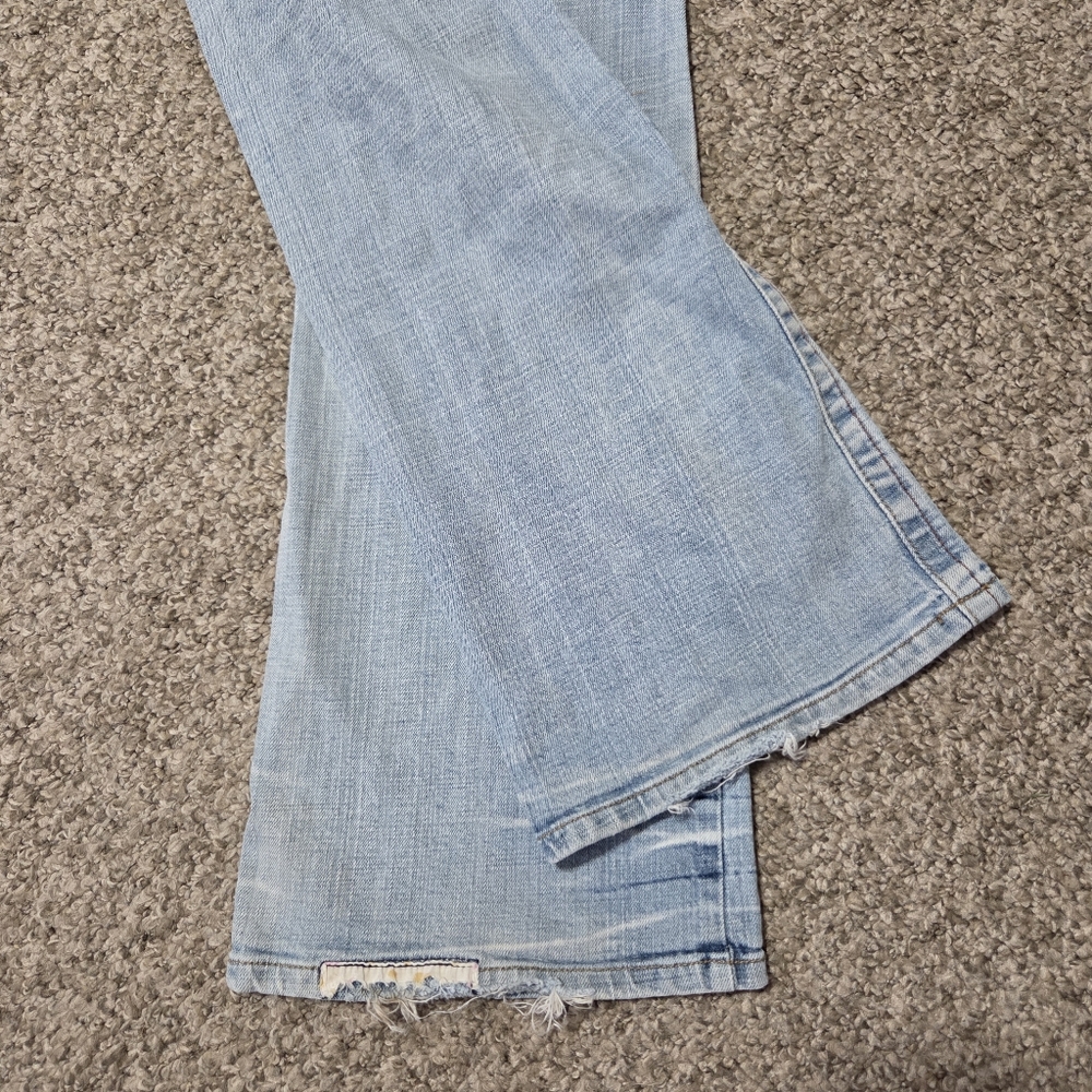 VTG LEI Women's y2k Low Rise Hip Hugger Yellow Flower‎ Stitch Flared Jeans 31x32 - Picture 14 of 16